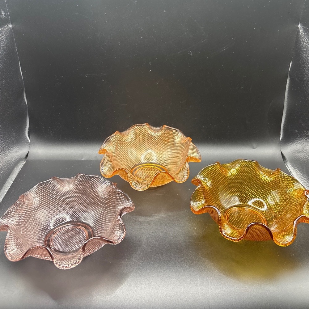 Vintage Ruffled Glass Bowls Set of 3 Pink Amber Yellow Diamond Point Textured